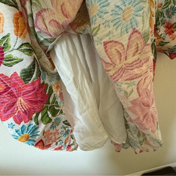 En Crème Floral Printed Puff Sleeve Tiered Mini Dress with Lurex Medium - Picture 12 of 15